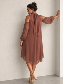 ELLERISSA Plus Size Coffee Brown Mock Neck Cold Shoulder Long Sleeve High Low Chiffon Dress Fall - Coffee Brown - View 6