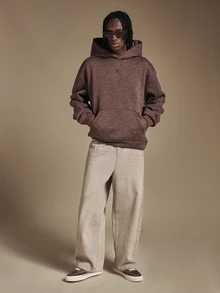 SUMWON Oversized Mineral Washed Hoodie With Back Graphic Print And Chest Embroidery Pullover Fall Winter Streetwear - Brown - View 3