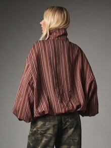 MISSGUIDED Oversized Striped High Neck Zip-Up Blouse With Puff Sleeves And Cargo Pockets Fall Winter Statement Top - Coffee Brown - View 3