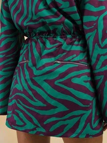 Dancing Leopard Green Zebra Print Toggle Waist Mini Dress, Everyday Weekend Wear - Multicolor - View 3