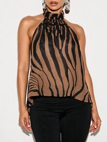 KIZN Halter Neck Tiger Print Draped Top With Open Back And High-Low Asymmetric Hem, Festival Party Summer Holiday Night Out Top - Brown - View 4