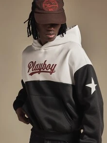 PLAYBOY X SUMWON Oversized Color Block Hoodie With Bunny Logo Back Print And Script Text Chest Graphic Long Sleeve Pullover - Black and White - View 4