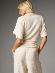 MISSGUIDED Boucle Knit Ruched Waist High Neck Short Sleeve Oversized Top Cozy Textured Casual Loungewear Style Fall Winter - White - View 2