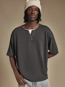 SUMWON Oversized Crew Neck Short Sleeve Solid T-Shirt Relaxed Fit Casual Everyday Essential Drop Shoulder Boxy Summer Streetwear Top - Grey - View 1