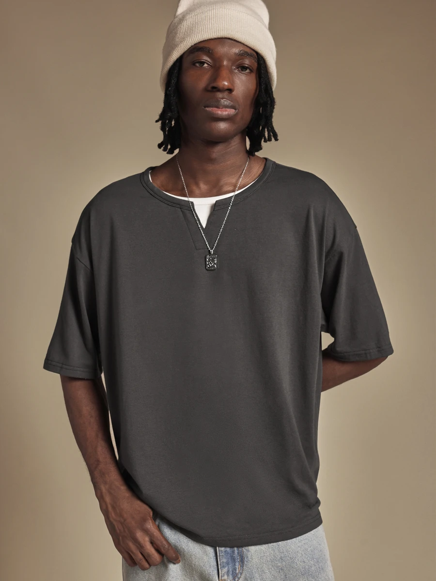 SUMWON Oversized Crew Neck Short Sleeve Solid T-Shirt Relaxed Fit Casual Everyday Essential Drop Shoulder Boxy Summer Streetwear Top - Grey - View 1
