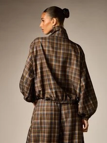 AiiRZ Plaid Windbreaker Jacket With Stand Collar Snap Button Closure Elastic Hem And Cuffs Oversized Fit Fall Winter Outerwear - Multicolor - View 2