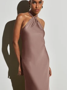 KSTM Satin Halter Neck Dress With Twisted Knot Detail And Open Back - Elegant Floor Length Slip Gown For Wedding Guest And Evening Events Party - Bronze - View 3