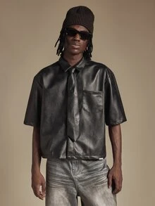 SUMWON Faux Leather Short Sleeve Boxy Crop Shirt With Point Collar And Chest Pocket Edgy Street Style Summer Essential - Black - View 4