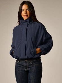 AiiRZ Mock Neck Zip-Up Windbreaker Jacket With Balloon Sleeves And Elasticated Cuffs Cropped Outerwear For Fall Winter - Navy Blue - View 5
