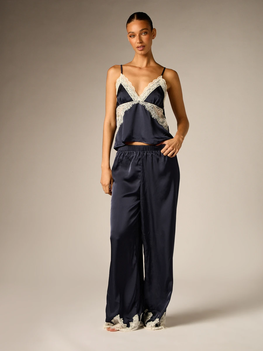 AiiRZ Satin Lace Trim Cami And Wide Leg Trouser Co-Ord Set Luxe Loungewear Pyjama Two-Piece Sleepwear Holiday Gift - Navy Blue - View 1