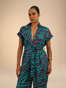 Dancing Leopard Green And Purple Animal Print Belted Jumpsuit, Holiday/Vacation Wear - Multicolor - View 4