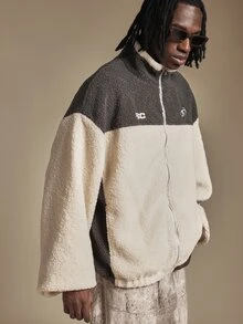 SUMWON Oversized Two-Tone Sherpa Fleece Zip-Up Jacket With Ribbed Collar Embroidered Logo Hip Length Long Sleeve Winter Outerwear - Multicolor - View 6