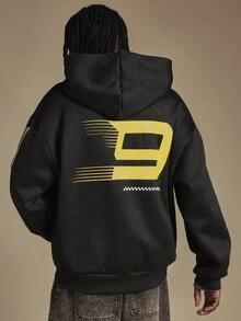 SUMWON Racing Graphic Oversized Hoodie With Number 9 Back Print And Logo Sleeve Detail Streetwear Pullover - Black - View 1