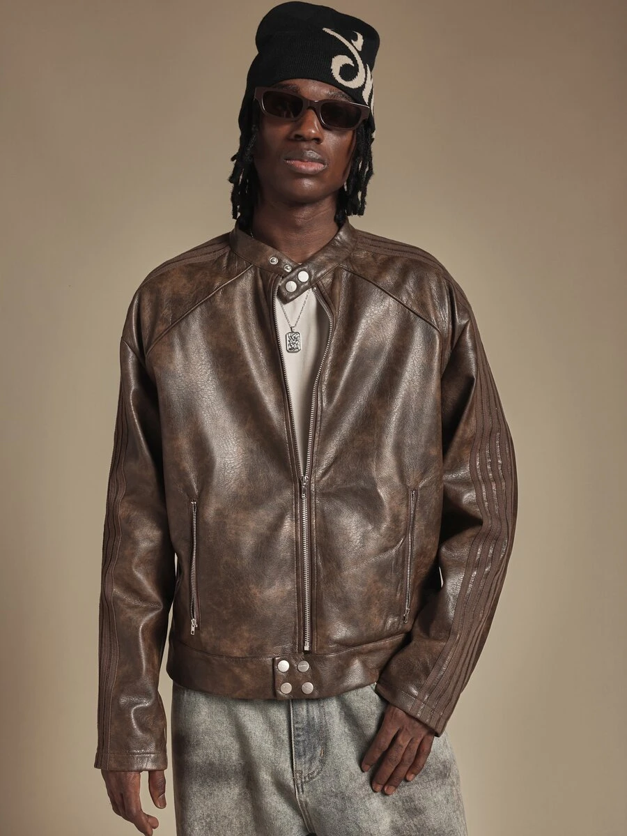 SUMWON Distressed Vintage Look Leather Jacket With Zip Closure Ribbed Collar Zip Pockets And Snap Button Hem Detail Oversized Hip Length Biker Style - Grey - View 1