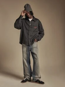 SUMWON Oversized Pinstripe Long Sleeve Button-Up Shirt With Chest Pocket And Script Logo Back Graphic Detail - Black - View 3
