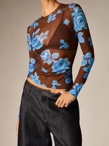 AiiRZ Sheer Mesh Floral Rose Print Long Sleeve Crew Neck Fitted Crop Top Autumn Winter Layering Stretch Bodycon Style - Multicolor - View 4