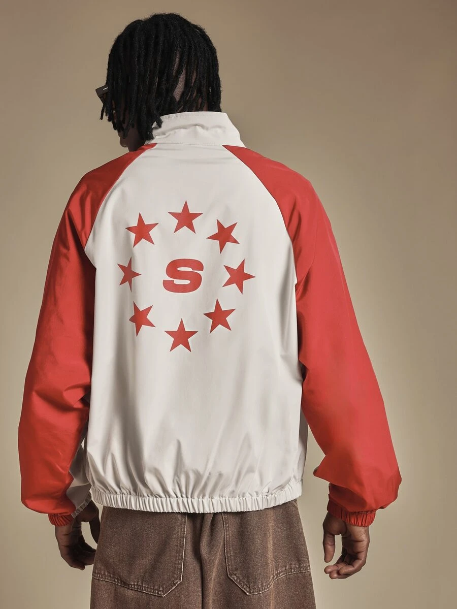 SUMWON Club Oversized Windbreaker Jacket With Star Circle Back Graphic Full Zip Raglan Sleeve Color Block Hip Length Lightweight Outerwear - Multicolor - View 1