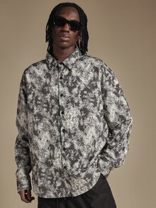 SUMWON Oversized Abstract AOP Print Long Sleeve Button-Up Collared Shirt With Point Collar And Curved Hem For Casual Everyday Wear - Multicolor - View 4