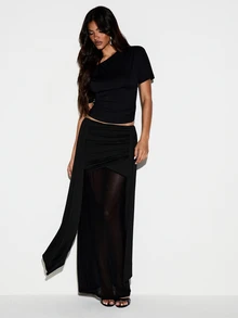 KIZN Ruched High Rise Skirt With Sheer Mesh Panel And Wrap Front Asymmetric Hem Elegant Evening Party Style - Black - View 2