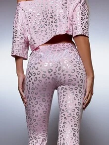 Missguided x Playboy Pink Silver Metallic Leopard Print Flared Trousers High Rise Full Length Festival Party Spring Summer - Multicolor - View 1