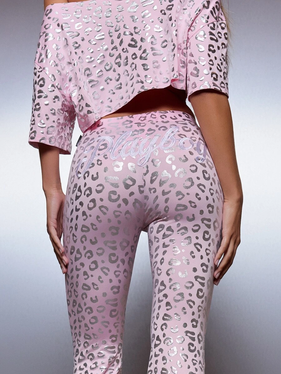 Missguided x Playboy Pink Silver Metallic Leopard Print Flared Trousers High Rise Full Length Festival Party Spring Summer - Multicolor - View 1
