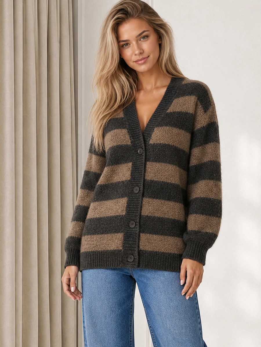 ELLERISSA Coffee Brown Stripe Knit Cardigan V Neck Button Front Long Sleeve Oversized Fit - Coffee Brown - View 1