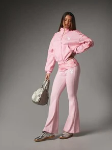 Missguided x Playboy Bunny Logo Flared Leg Low Rise Pants With Camo Print Waistband And Thigh Logo Detail - Baby Pink - View 5