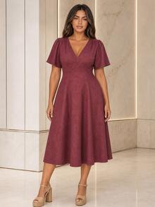 ELLERISSA Plus Size Red V Neck Angel Sleeve Shirred Waist A Line Midi Dress - Red - View 1