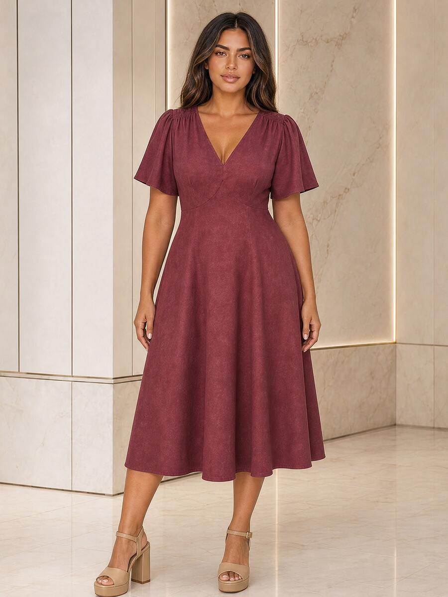 ELLERISSA Plus Size Red V Neck Angel Sleeve Shirred Waist A Line Midi Dress - Red - View 1