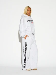 SUMWON WOMEN Winter Essentials Oversized Sports Wide Leg Sweatpants With Bold Vertical Leg Print Elastic Waist Casual Fleece Jogger Pants Autumn Warm Cozy - Grey - View 4