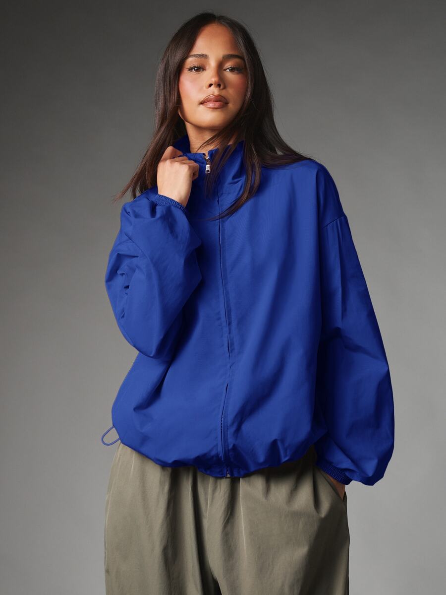 MISSGUIDED Oversized Zip-Up Windbreaker Jacket With Mock Neck Balloon Sleeves And Elasticated Cuffs And Hem Fall Winter Outerwear - Blue - View 1