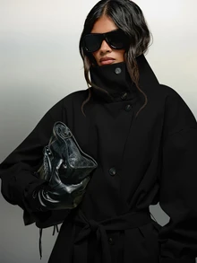 KIZN High Neck Belted Oversized Jacket With Button Front Closure And Wrap Tie Waist Detail For Fall Winter - Black - View 2