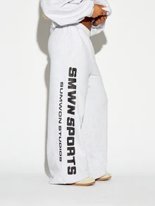 SUMWON WOMEN Winter Essentials Oversized Sports Wide Leg Sweatpants With Bold Vertical Leg Print Elastic Waist Casual Fleece Jogger Pants Autumn Warm Cozy - Grey - View 1