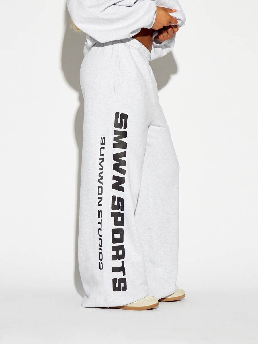 SUMWON WOMEN Winter Essentials Oversized Sports Wide Leg Sweatpants With Bold Vertical Leg Print Elastic Waist Casual Fleece Jogger Pants Autumn Warm Cozy - Grey - View 1