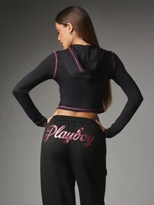 Missguided x Playboy Full-Zip Crop Sweatshirt With Long Sleeves Hot Pink Logo Print Contrast Stitching Split Centre Pocket - Black - View 4