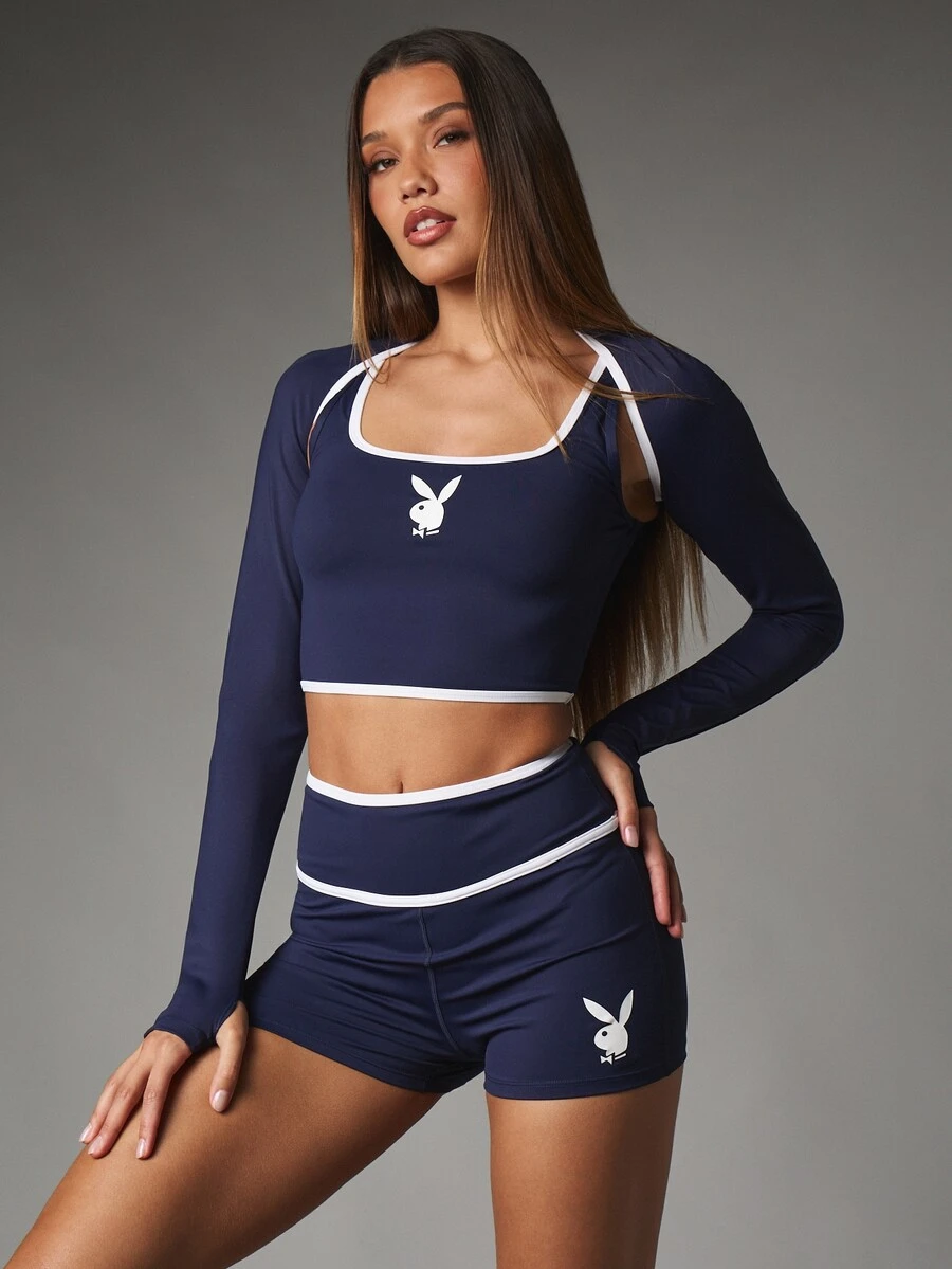 Missguided x Playboy Bunny Logo Square Neck Crop Top And Mini Shorts Co-Ord Set With Contrast White Trim And Split Long Sleeves - Blue - View 1