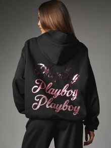 Missguided x Playboy Oversized Sweatshirt With Bold Triple Script Back Print Casual Pullover Long Sleeve Hooded Sweatshirt Winter Essential - Black - View 1