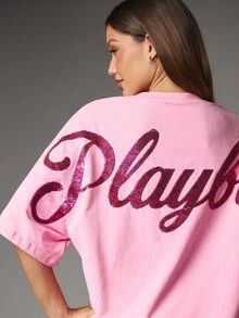 Missguided x Playboy Sequin Script Oversized Crew Neck T-Shirt With Bunny Logo Front And Glitter Back Print For Casual Summer Outings - Pink - View 5