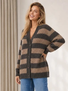 ELLERISSA Coffee Brown Stripe Knit Cardigan V Neck Button Front Long Sleeve Oversized Fit - Coffee Brown - View 6