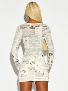 SUMWON WOMEN Newspaper Print Mesh Long Sleeve Crop Top With French Editorial Gothic Script AOP Design Crew Neck Fitted Sheer Festival Party Summer Style - White - View 5