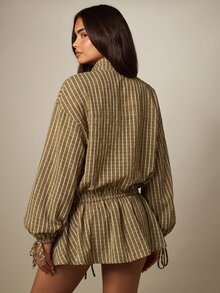 MISSGUIDED Striped Zip-Up Mini Dress With Mock Neck Drawstring Waist And Balloon Sleeves Relaxed Oversized Fit Fall Winter - Chocolate Brown - View 2