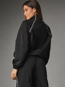 Missguided x Playboy Bunny Logo Cropped Windbreaker Jacket With Stand Collar Full Zip White Piping Detail Elasticated Cuffs - Black - View 3