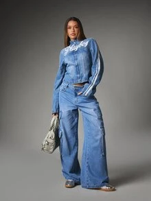 Missguided x Playboy Wide Leg Denim Cargo Jeans With Bunny Logo Script Back Print And Side Stripe Detail Full Length Low Rise - Medium Wash - View 5