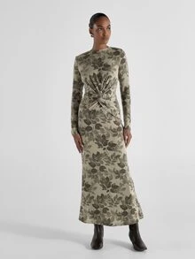KSTM Long Sleeve Dress With Twist Knot Ruched Waist Leaf Floral Print Mermaid Silhouette Crew Neck Ribbed Knit Fall Winter - Multicolor - View 2