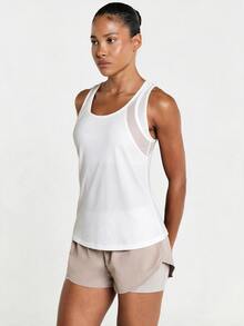 11SKNDS Racerback Tank Top With Mesh Panel Detail Scoop Neck Loose Fit Breathable Active Vest Summer Gym Running Sleeveless Top - White - View 3