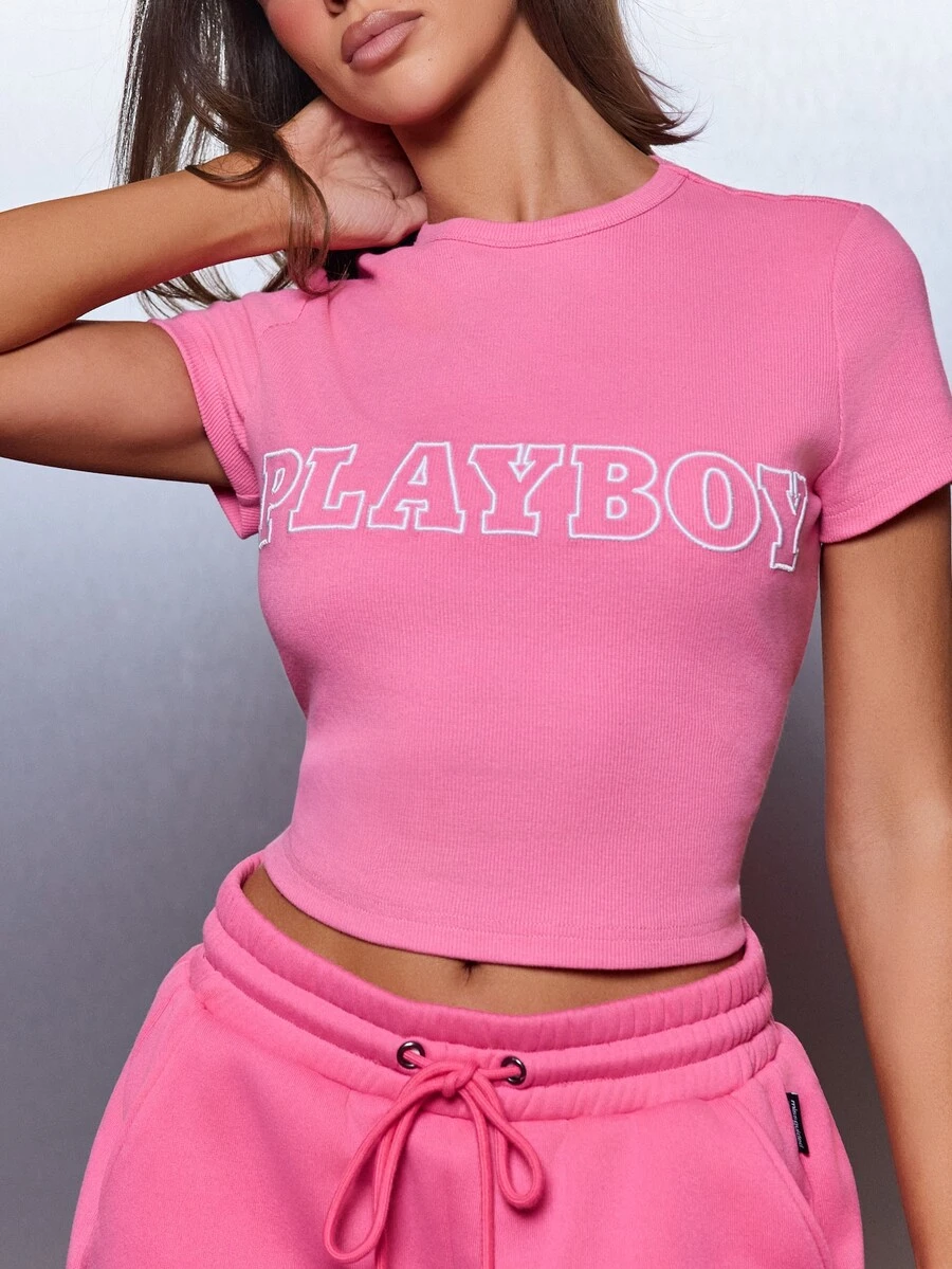 Missguided x Playboy Logo Ribbed Crop T-Shirt With Chest Text Print Crew Neck Short Sleeve Slim Fit Summer Festival Style - Pink - View 1