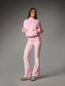 Missguided x Playboy Bunny Logo Flared Leg Low Rise Pants With Camo Print Waistband And Thigh Logo Detail - Baby Pink - View 2