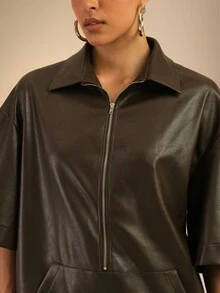 Dancing Leopard Dark Brown Leather-Look Relaxed Collared Mini Dress, Everyday Weekend Wear - Brown - View 6