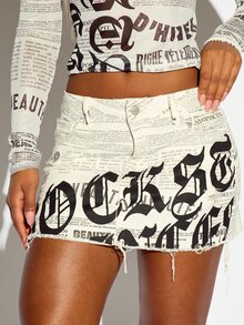 SUMWON WOMEN Newspaper Print Low Rise Denim Mini Skirt With Gothic Text Graphic Raw Fringe Hem And Distressed Details For Festival Summer - White - View 4