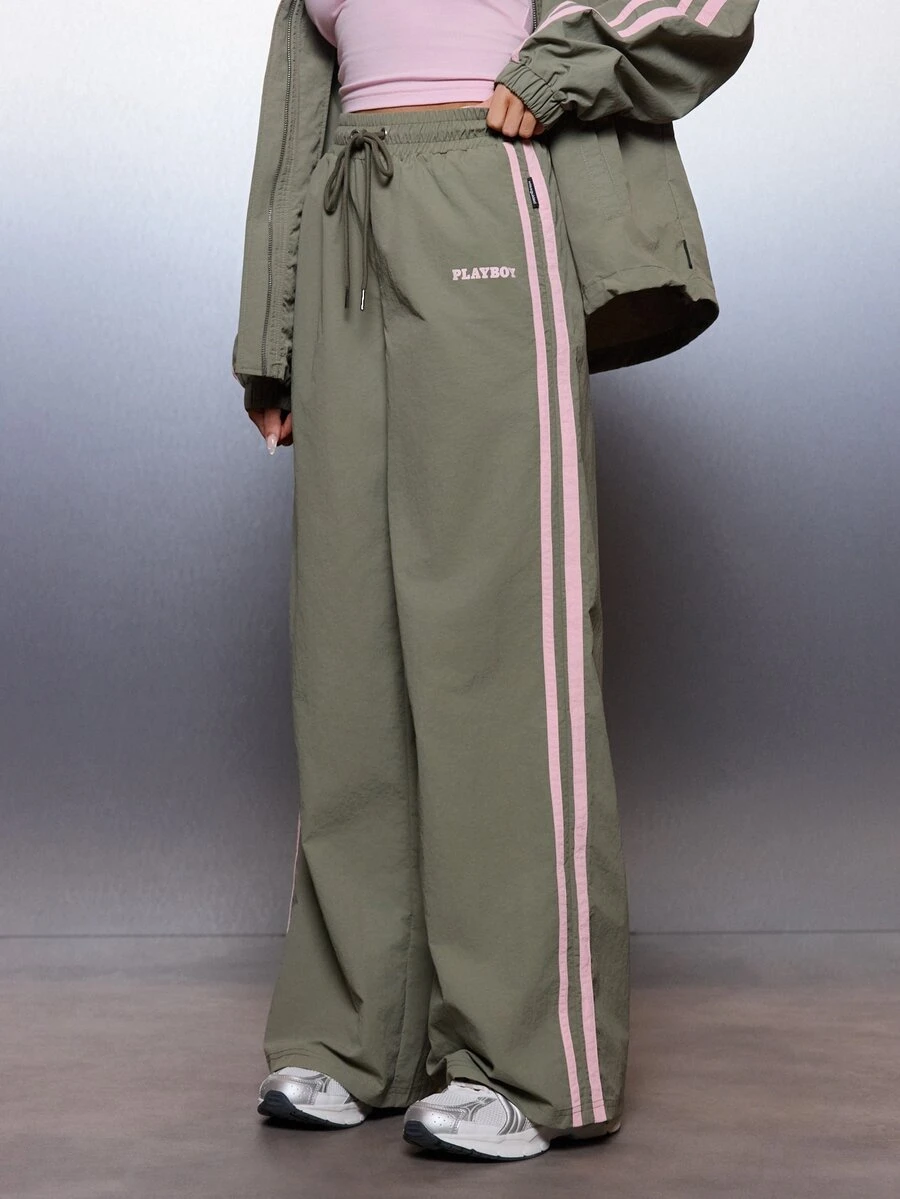 Missguided x Playboy Wide Leg Track Pants With Pink Side Stripe Detail Drawstring Waist And Logo Print Fall Winter Casual Style - Olive Green - View 1